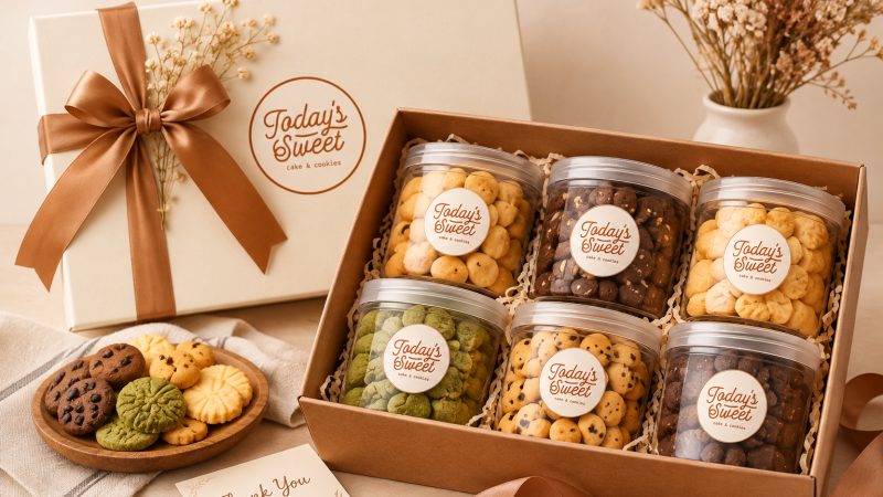 Hampers berisi kotak cookies dan kemasan premium dengan pita.